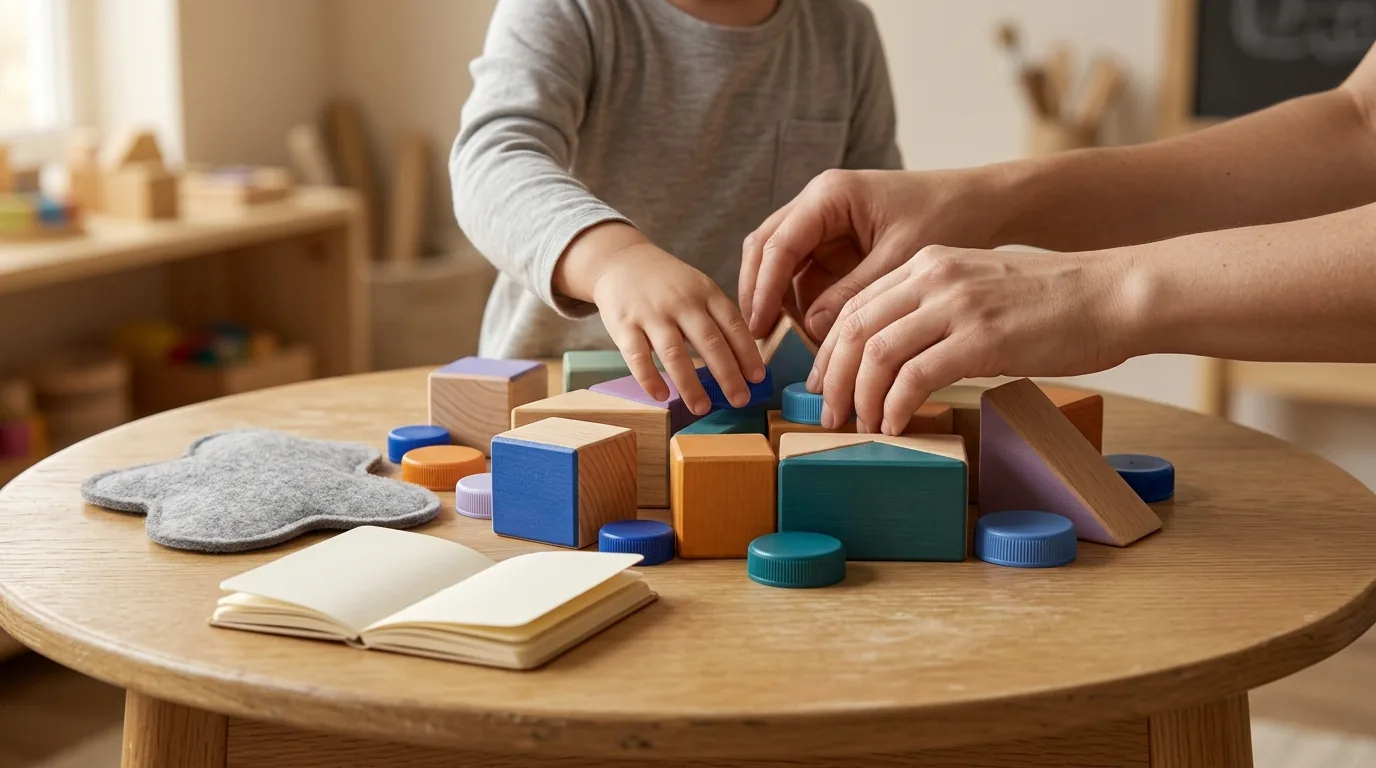 Mãos de uma criança e de uma professora organizando blocos de madeira e tampinhas coloridas sobre uma mesa